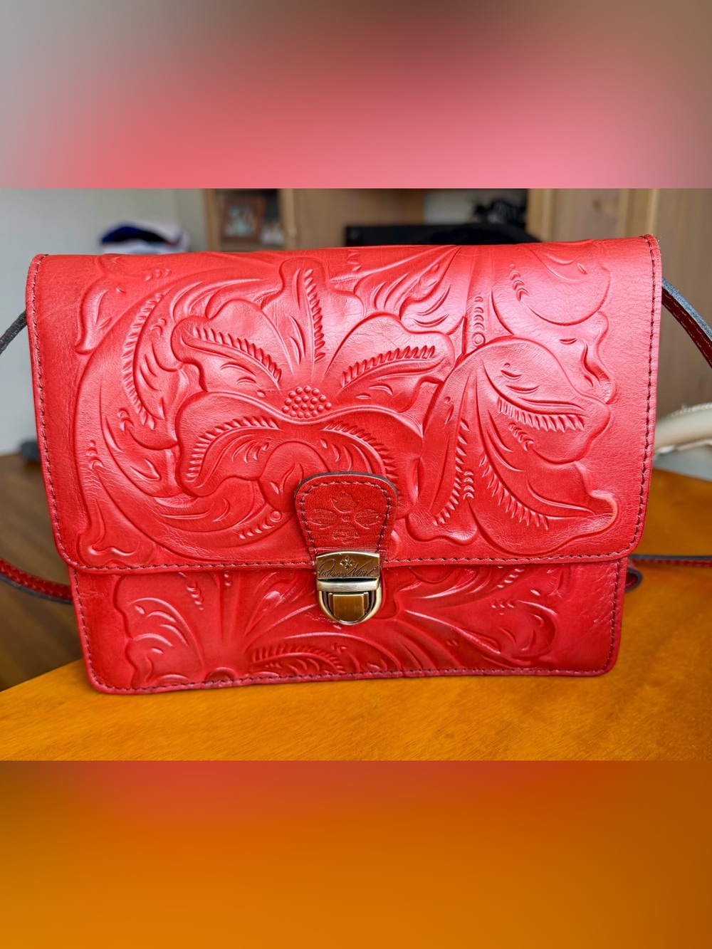 Patricia Nash red leather Lanza lava floral tooled crossbody purse